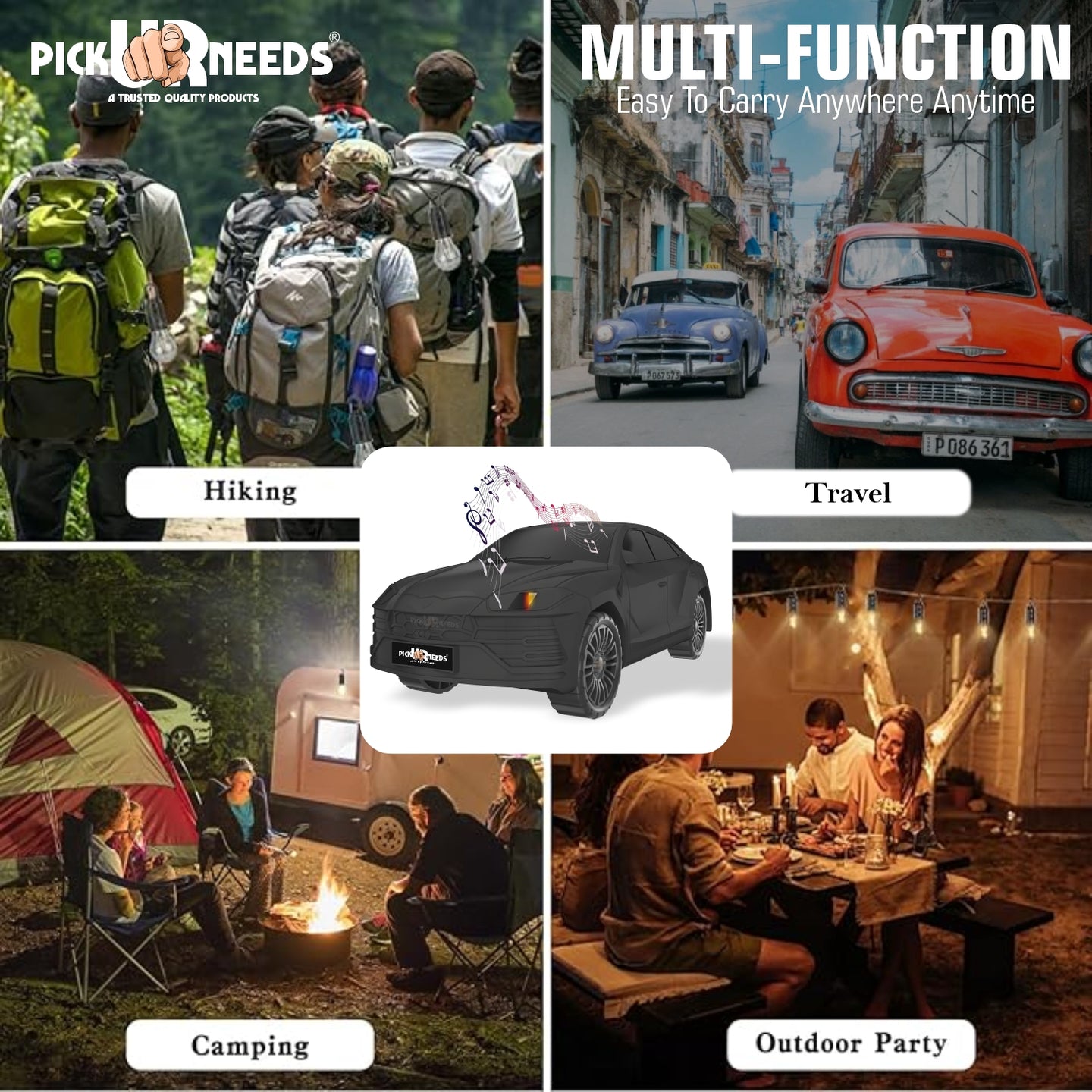 Pick Ur Needs Rechargeable Car-Shaped Speaker – RGB LED Light, USB/FM/SD Card, Type-C, 1200mAh